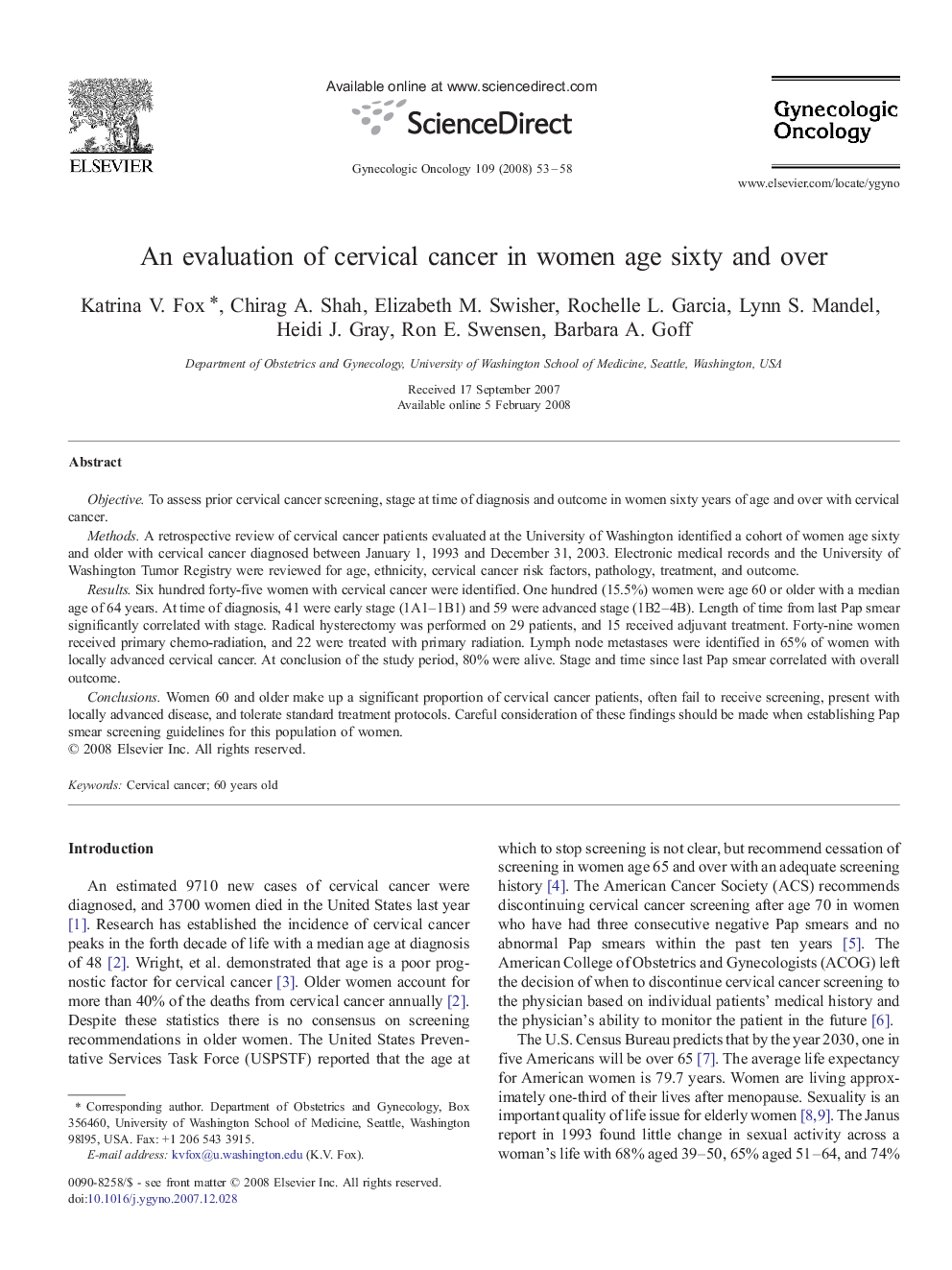 An evaluation of cervical cancer in women age sixty and over