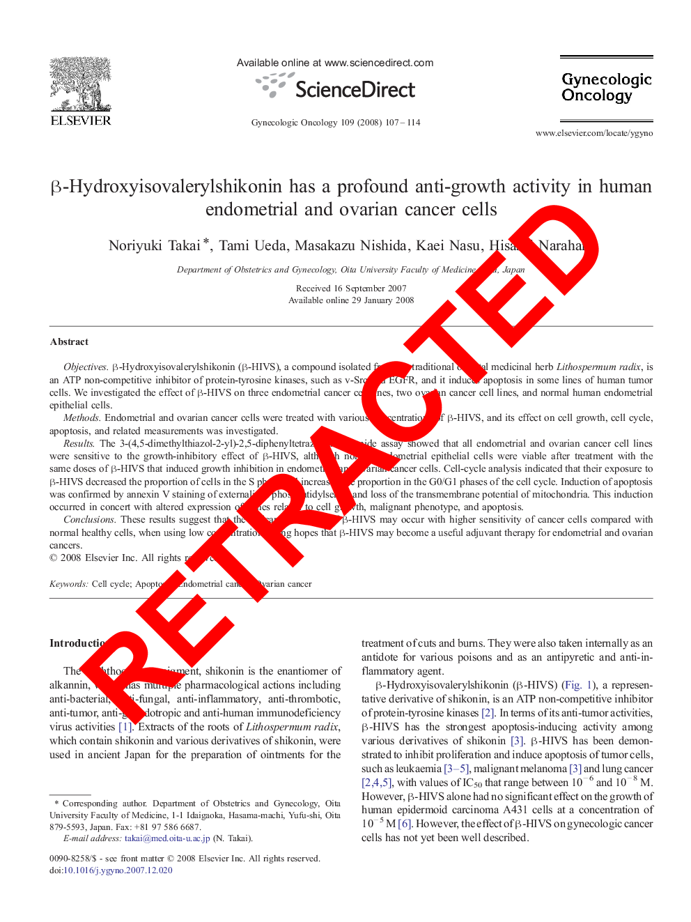 RETRACTED: β-Hydroxyisovalerylshikonin has a profound anti-growth activity in human endometrial and ovarian cancer cells