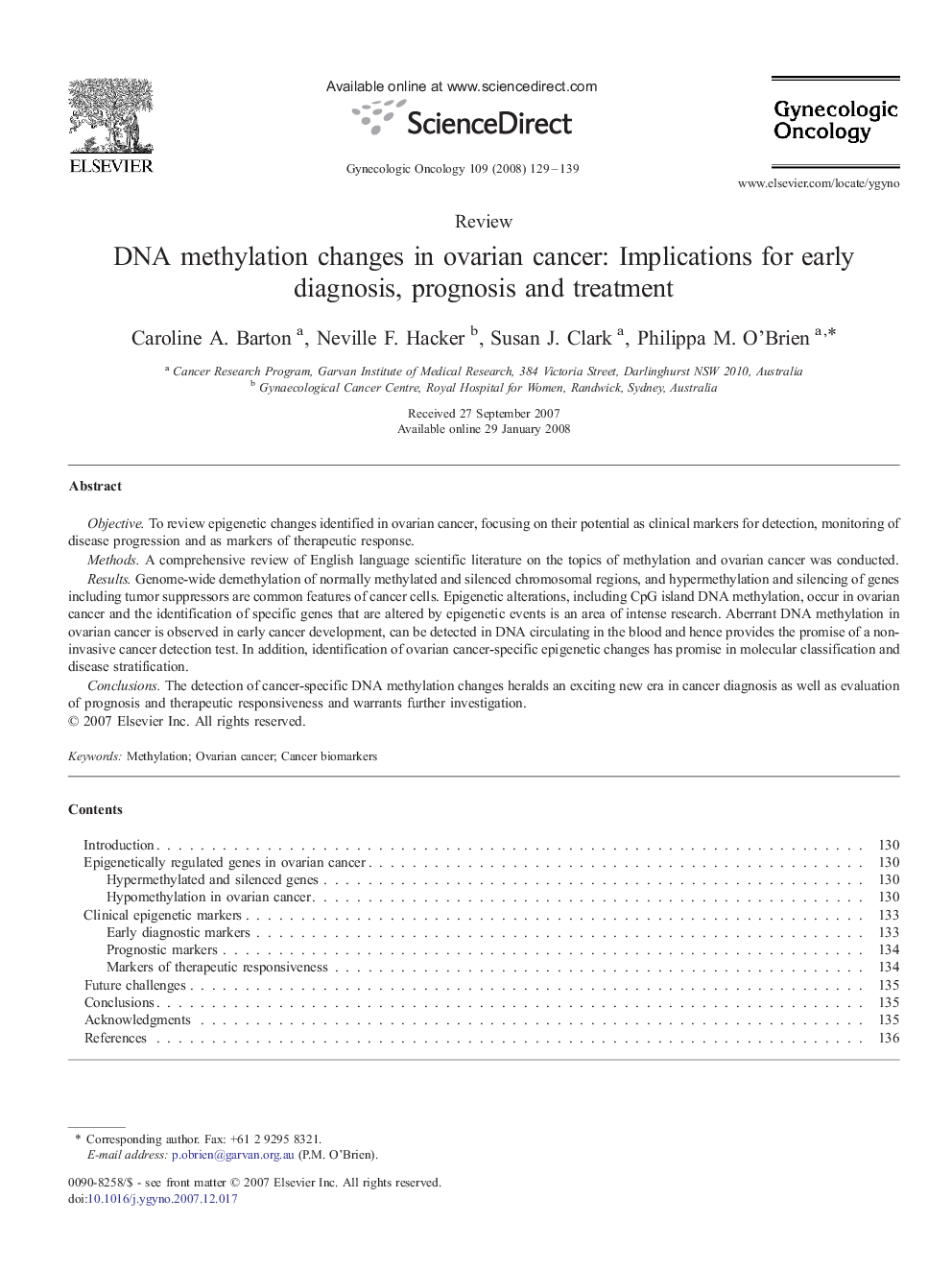 DNA methylation changes in ovarian cancer: Implications for early diagnosis, prognosis and treatment