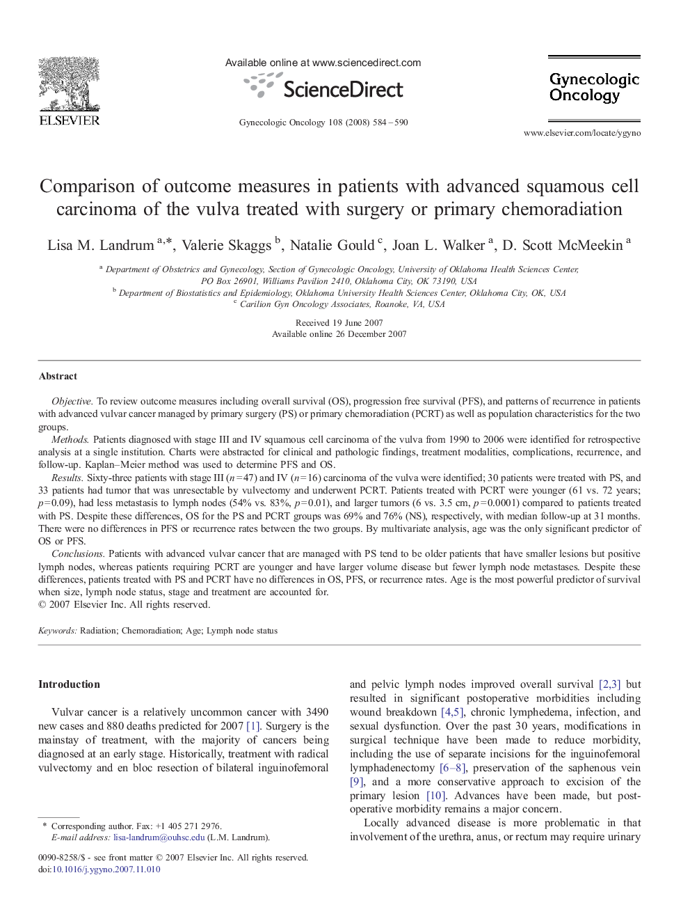 Comparison of outcome measures in patients with advanced squamous cell carcinoma of the vulva treated with surgery or primary chemoradiation