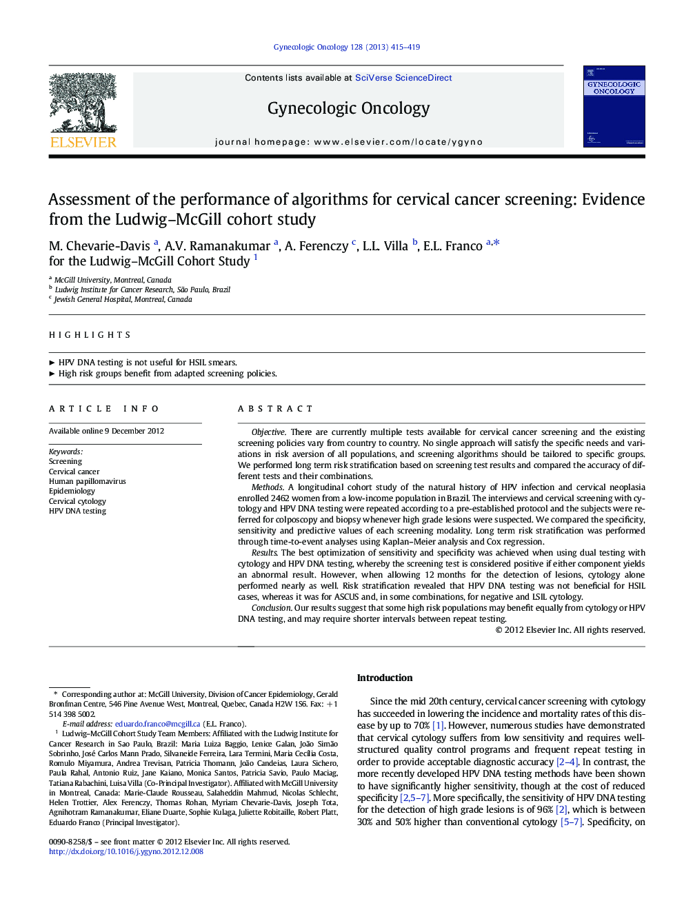 Assessment of the performance of algorithms for cervical cancer screening: Evidence from the Ludwig–McGill cohort study