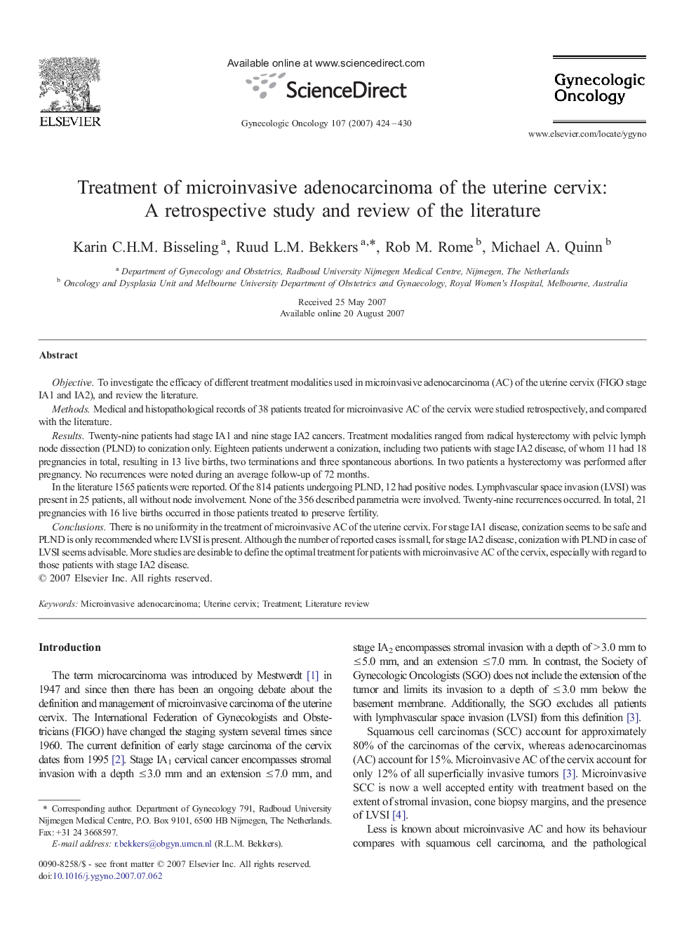 Treatment of microinvasive adenocarcinoma of the uterine cervix: A retrospective study and review of the literature