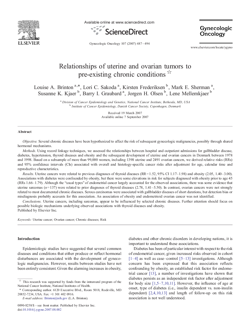 Relationships of uterine and ovarian tumors to pre-existing chronic conditions 