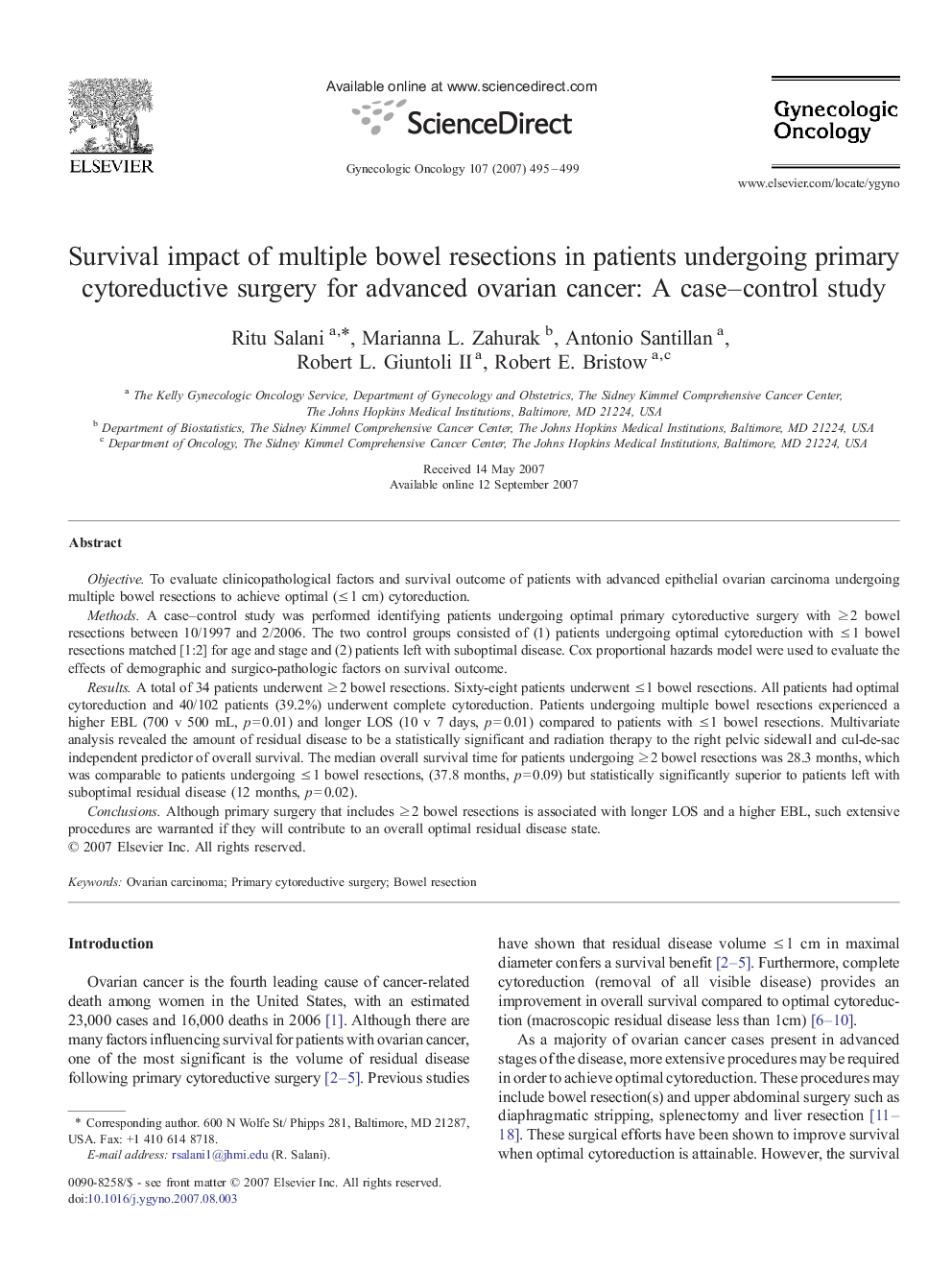 Survival impact of multiple bowel resections in patients undergoing primary cytoreductive surgery for advanced ovarian cancer: A case-control study