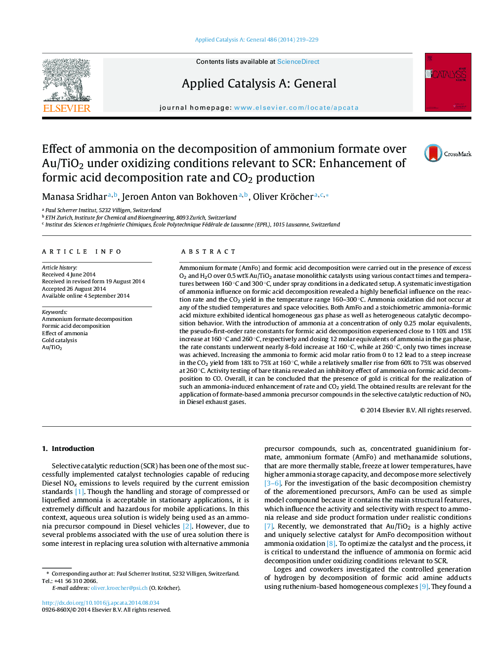 Effect of ammonia on the decomposition of ammonium formate over Au/TiO2 under oxidizing conditions relevant to SCR: Enhancement of formic acid decomposition rate and CO2 production