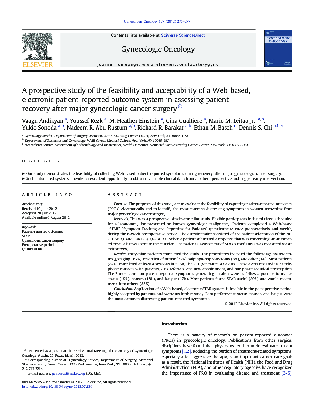 A prospective study of the feasibility and acceptability of a Web-based, electronic patient-reported outcome system in assessing patient recovery after major gynecologic cancer surgery 