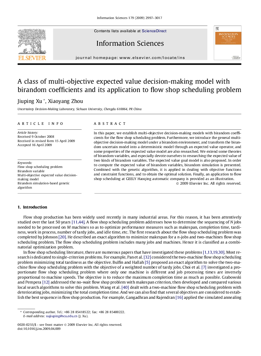 A class of multi-objective expected value decision-making model with birandom coefficients and its application to flow shop scheduling problem