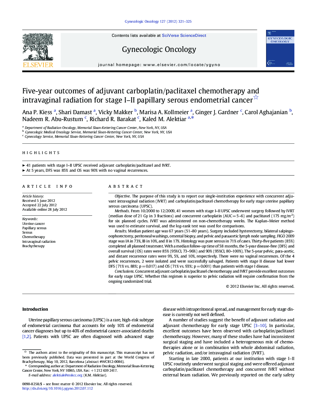 Five-year outcomes of adjuvant carboplatin/paclitaxel chemotherapy and intravaginal radiation for stage I–II papillary serous endometrial cancer 