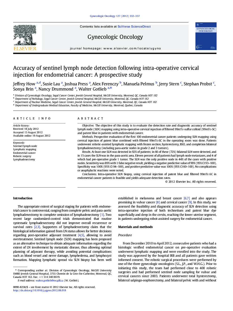 Accuracy of sentinel lymph node detection following intra-operative cervical injection for endometrial cancer: A prospective study
