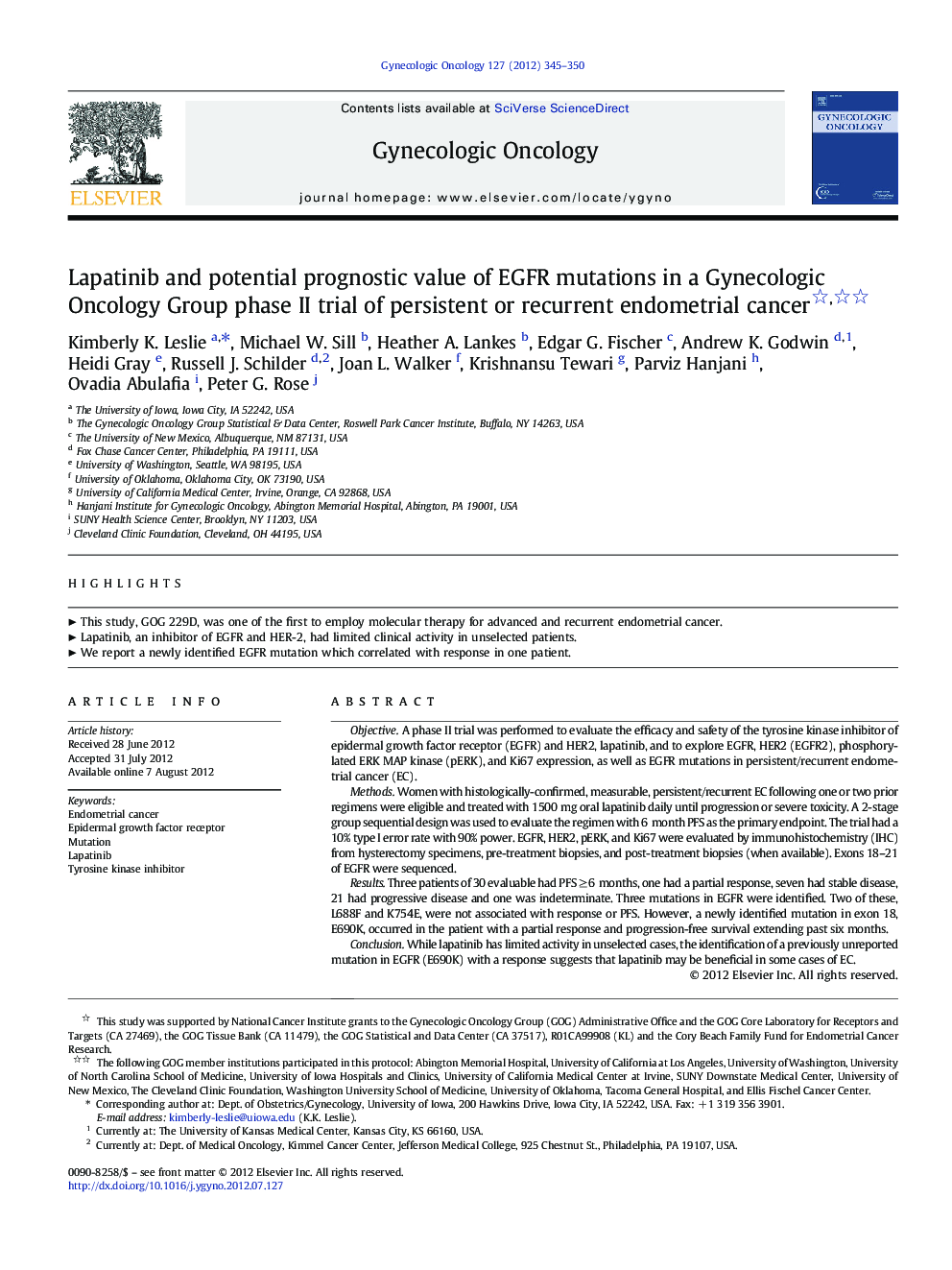 Lapatinib and potential prognostic value of EGFR mutations in a Gynecologic Oncology Group phase II trial of persistent or recurrent endometrial cancer 
