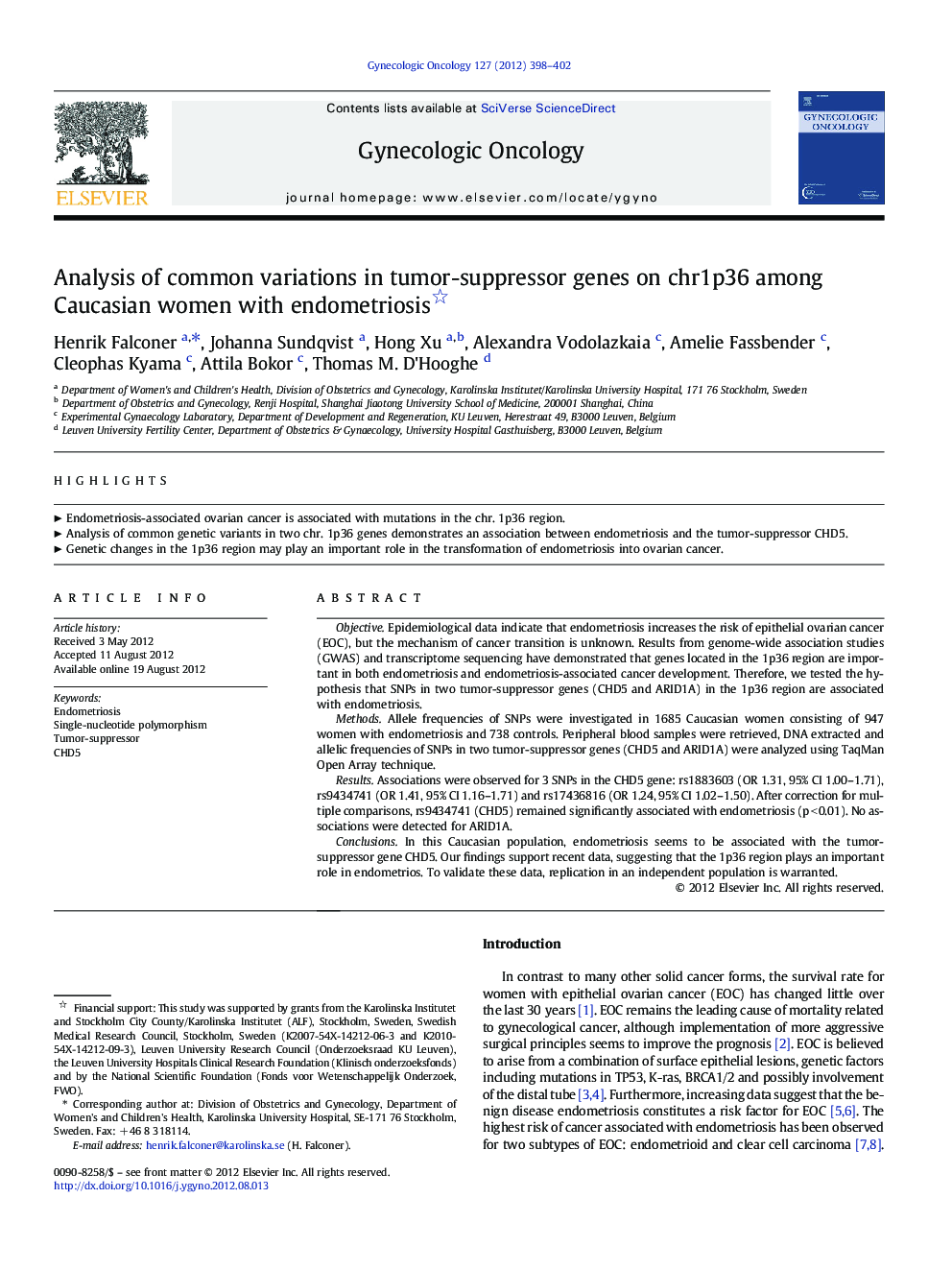 Analysis of common variations in tumor-suppressor genes on chr1p36 among Caucasian women with endometriosis 