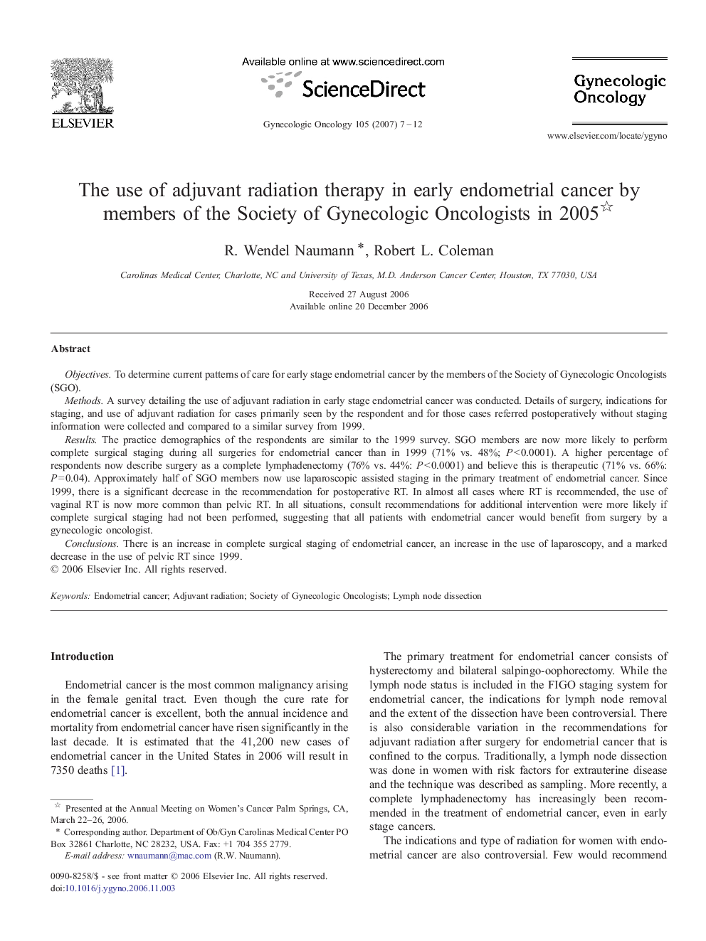 The use of adjuvant radiation therapy in early endometrial cancer by members of the Society of Gynecologic Oncologists in 2005 