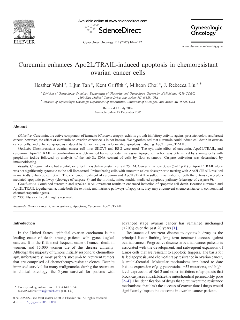 Curcumin enhances Apo2L/TRAIL-induced apoptosis in chemoresistant ovarian cancer cells