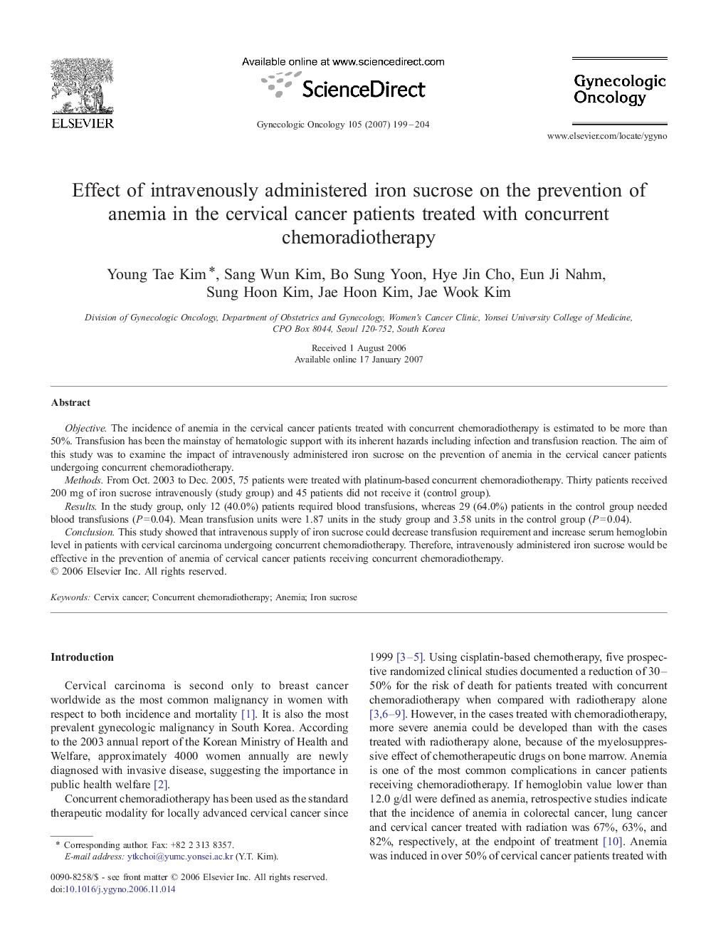 Effect of intravenously administered iron sucrose on the prevention of anemia in the cervical cancer patients treated with concurrent chemoradiotherapy