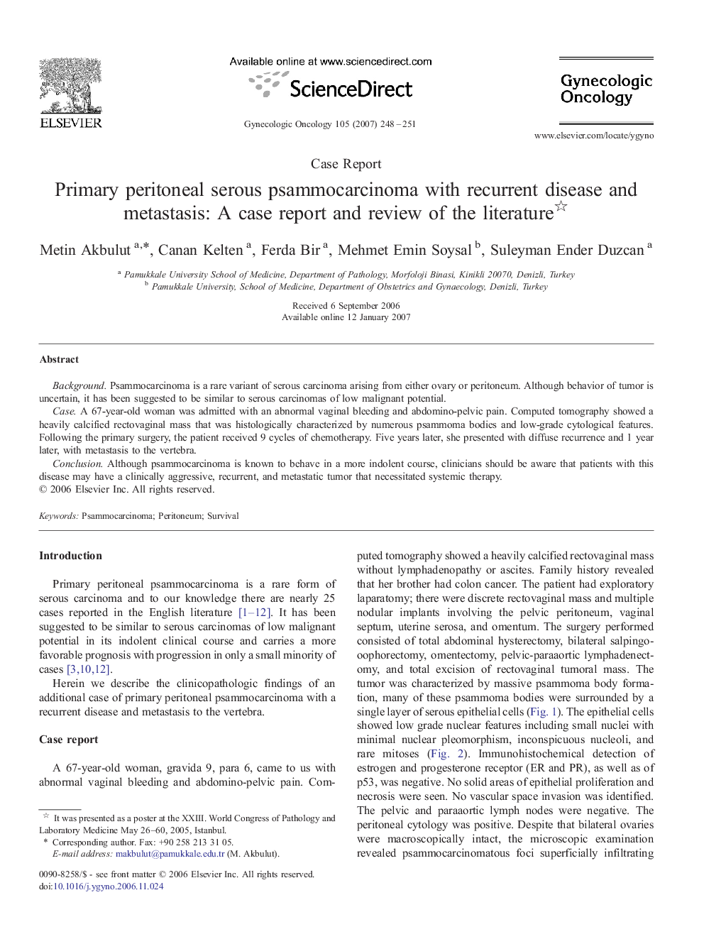 Primary peritoneal serous psammocarcinoma with recurrent disease and metastasis: A case report and review of the literature 