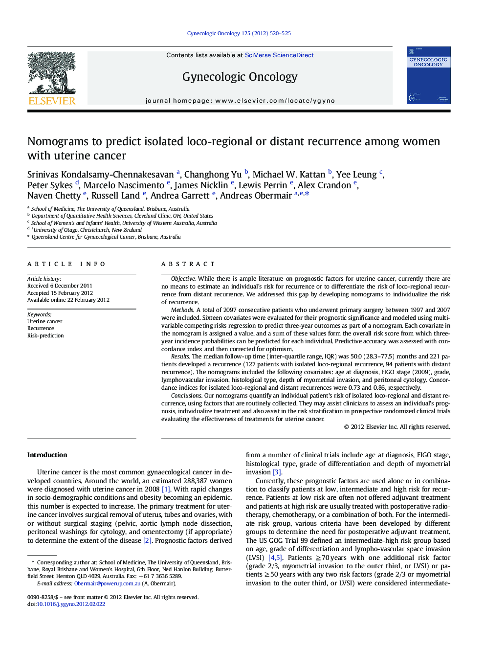 Nomograms to predict isolated loco-regional or distant recurrence among women with uterine cancer