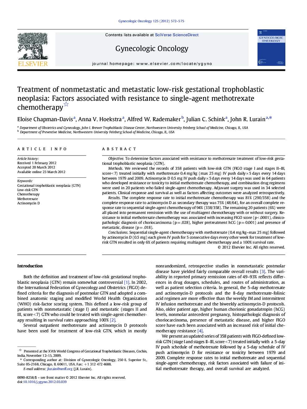 Treatment of nonmetastatic and metastatic low-risk gestational trophoblastic neoplasia: Factors associated with resistance to single-agent methotrexate chemotherapy 