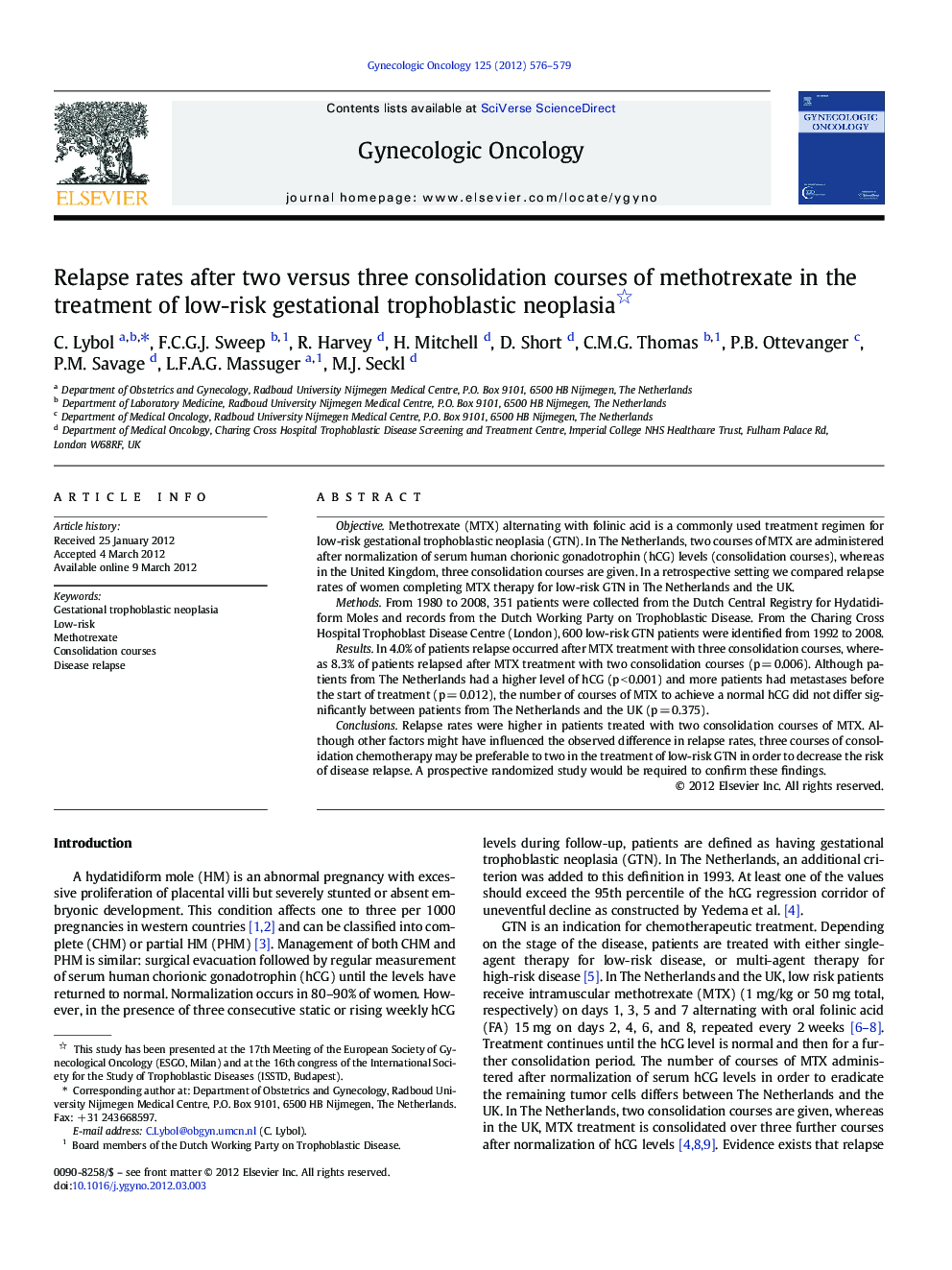 Relapse rates after two versus three consolidation courses of methotrexate in the treatment of low-risk gestational trophoblastic neoplasia 