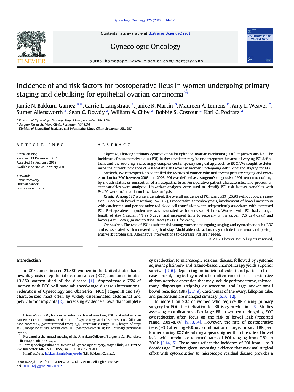 Incidence of and risk factors for postoperative ileus in women undergoing primary staging and debulking for epithelial ovarian carcinoma 