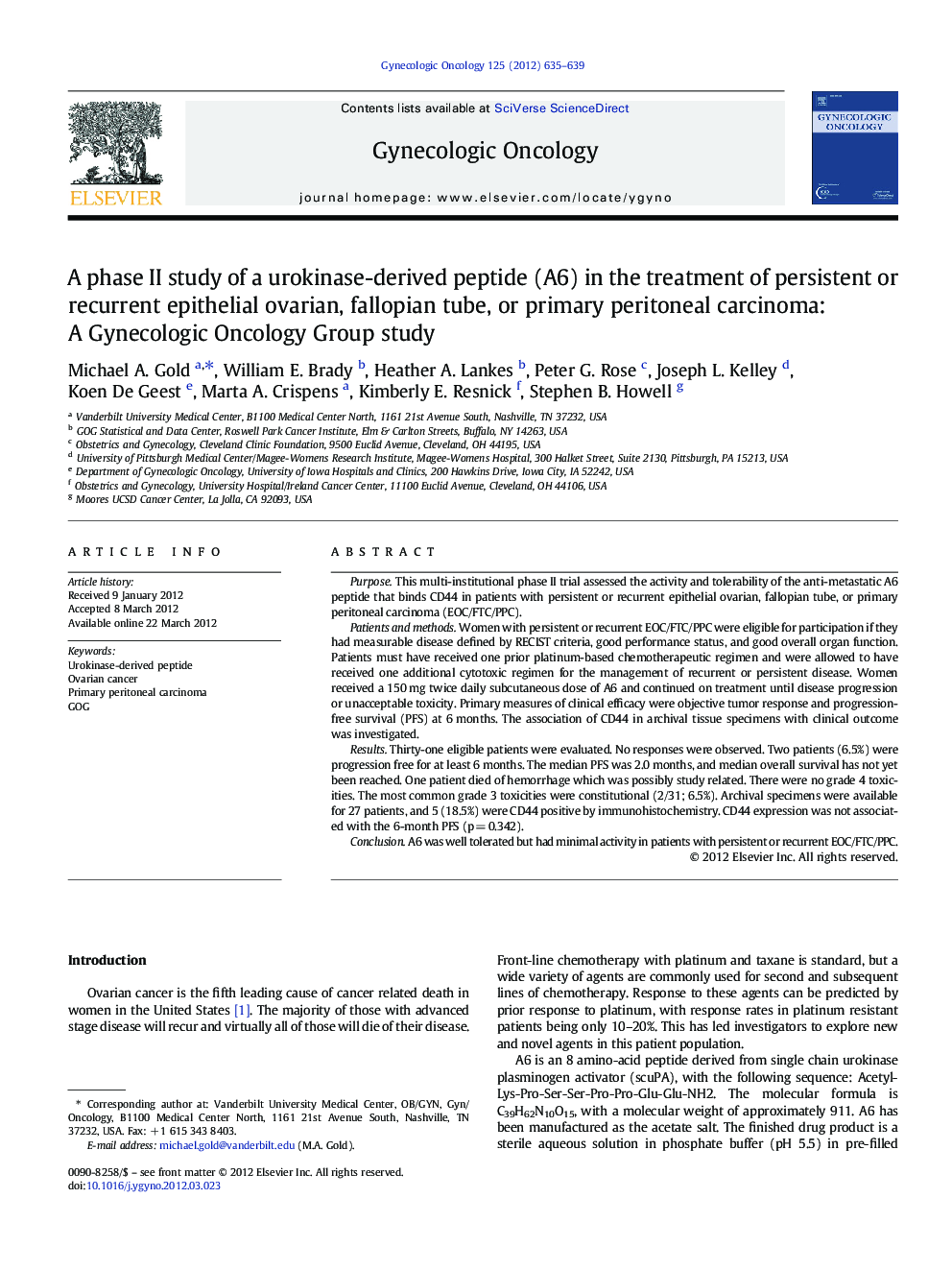 A phase II study of a urokinase-derived peptide (A6) in the treatment of persistent or recurrent epithelial ovarian, fallopian tube, or primary peritoneal carcinoma: A Gynecologic Oncology Group study