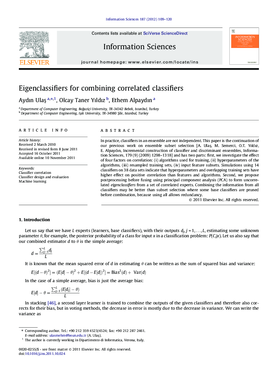 Eigenclassifiers for combining correlated classifiers