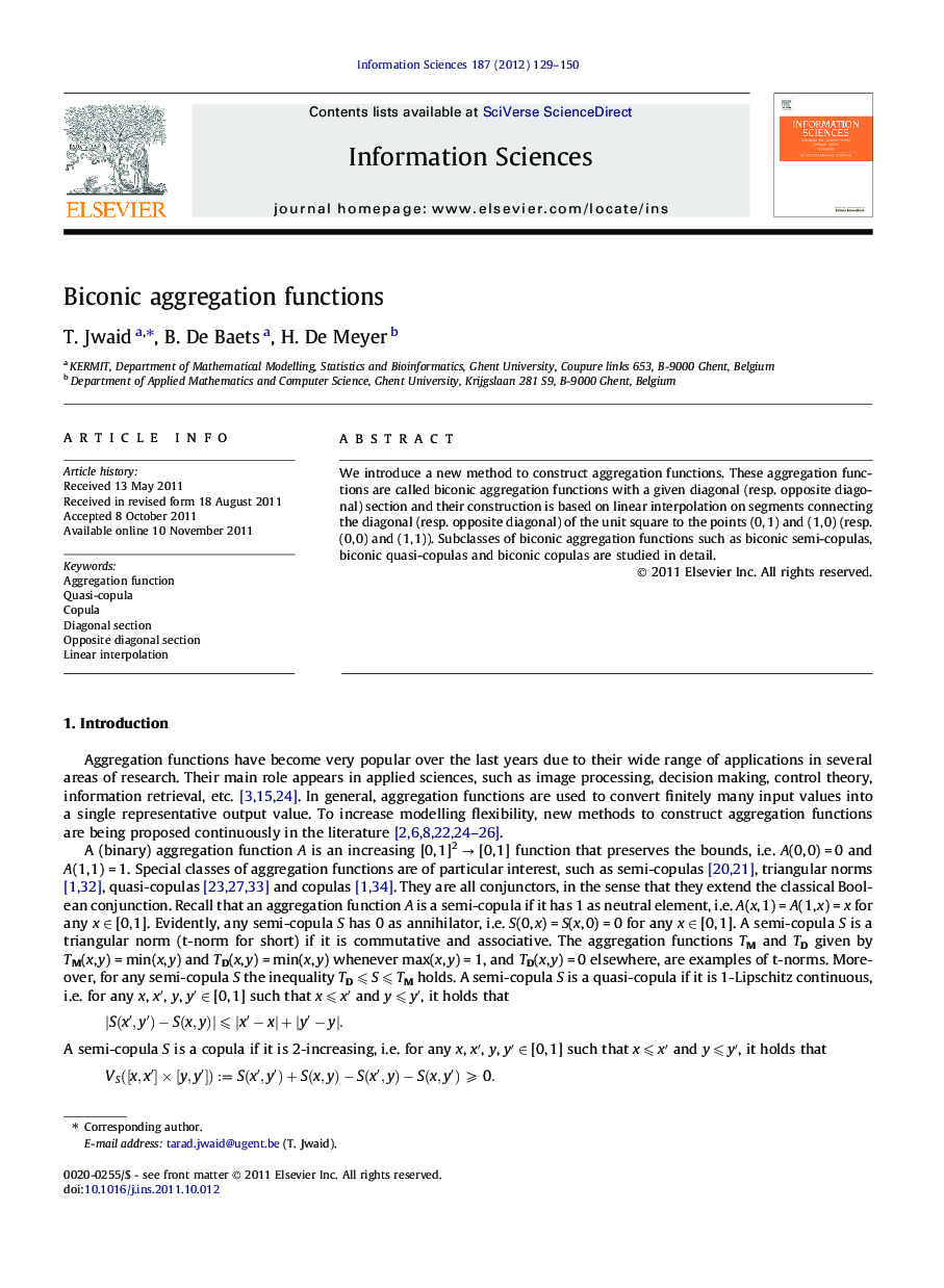 Biconic aggregation functions