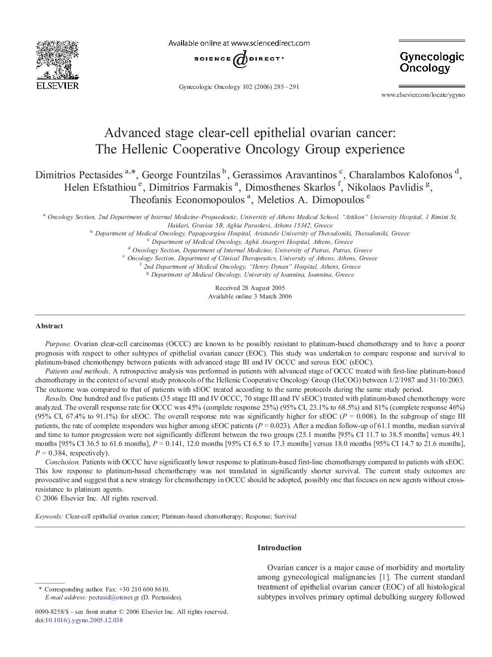 عکس صفحه اول مقاله: Advanced stage clear-cell epithelial ovarian cancer: The Hellenic cooperative oncology group experience Advanced stage clear-cell epithelial ovarian cancer: The Hellenic cooperative oncology group experience
