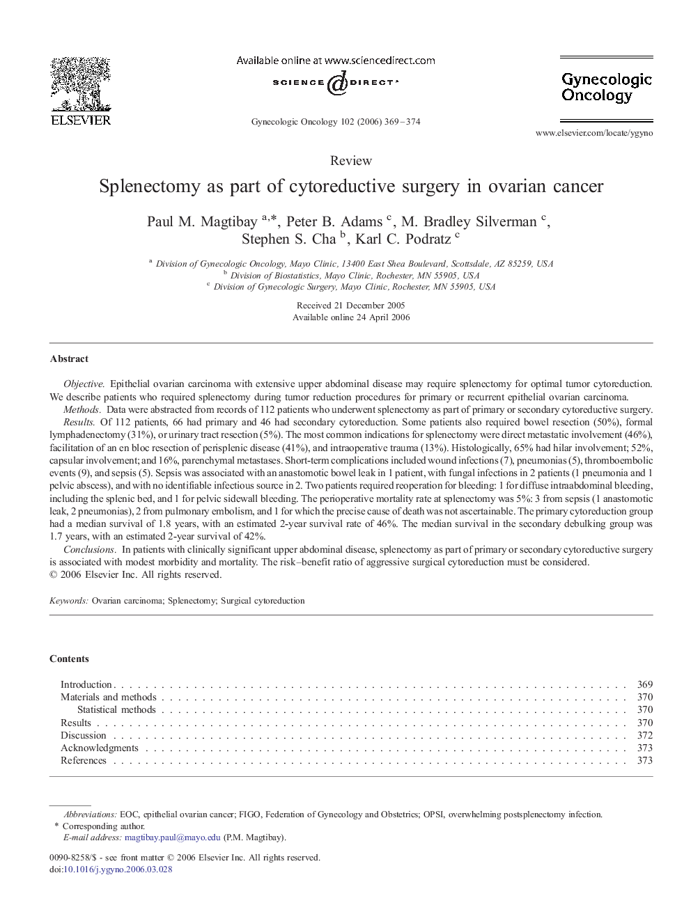 Splenectomy as part of cytoreductive surgery in ovarian cancer