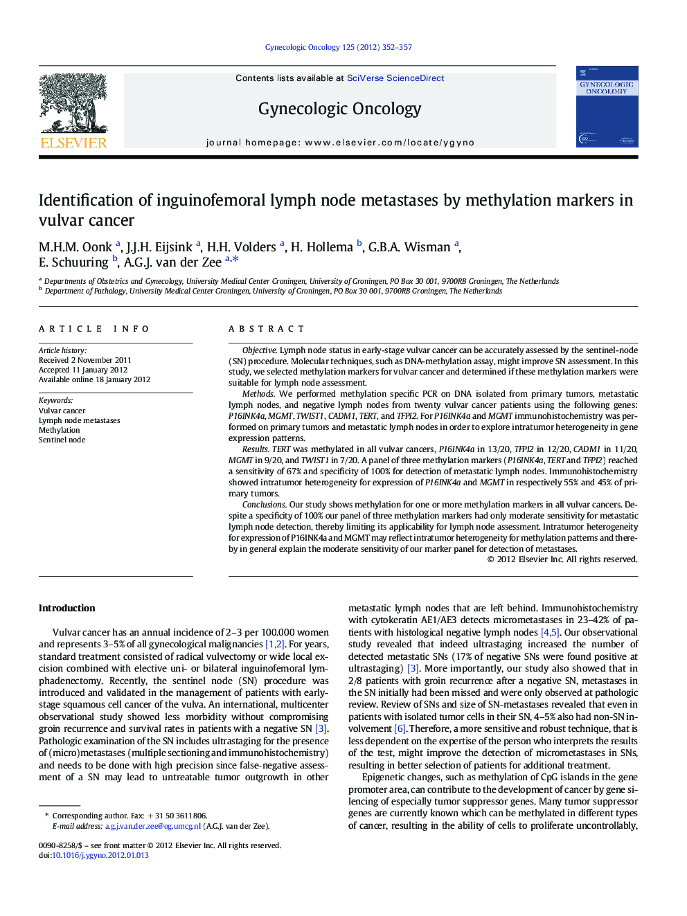 Identification of inguinofemoral lymph node metastases by methylation markers in vulvar cancer