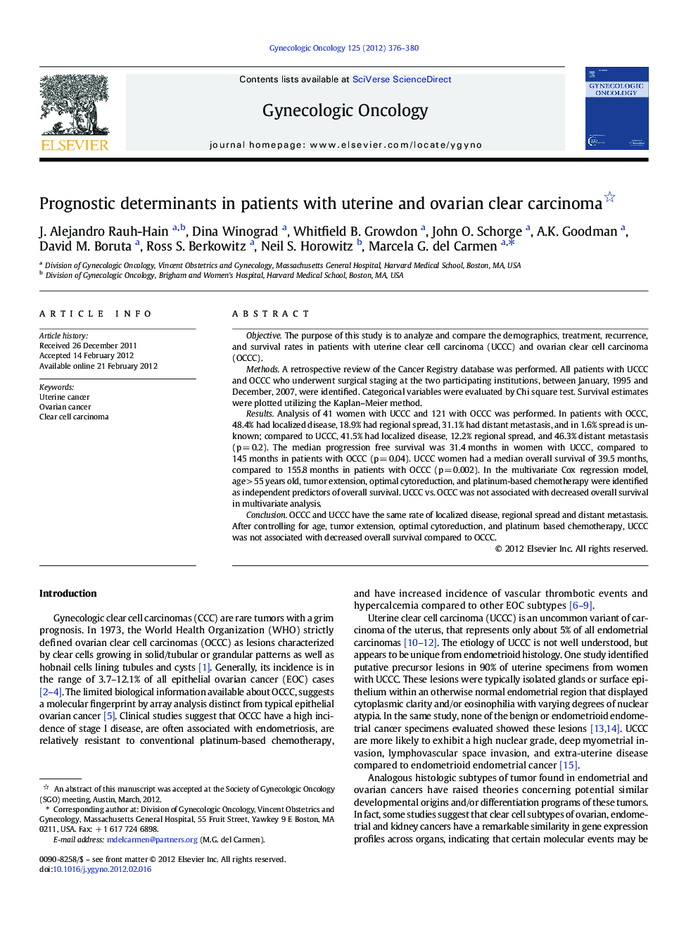 Prognostic determinants in patients with uterine and ovarian clear carcinoma 