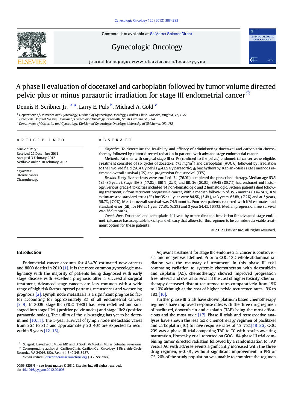 A phase II evaluation of docetaxel and carboplatin followed by tumor volume directed pelvic plus or minus paraaortic irradiation for stage III endometrial cancer 