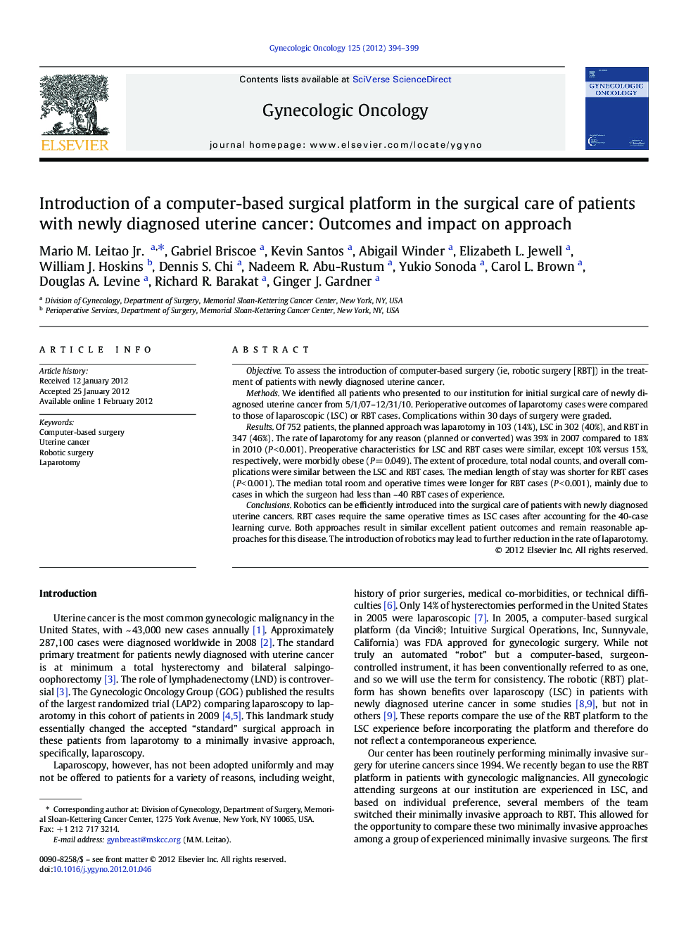 Introduction of a computer-based surgical platform in the surgical care of patients with newly diagnosed uterine cancer: Outcomes and impact on approach