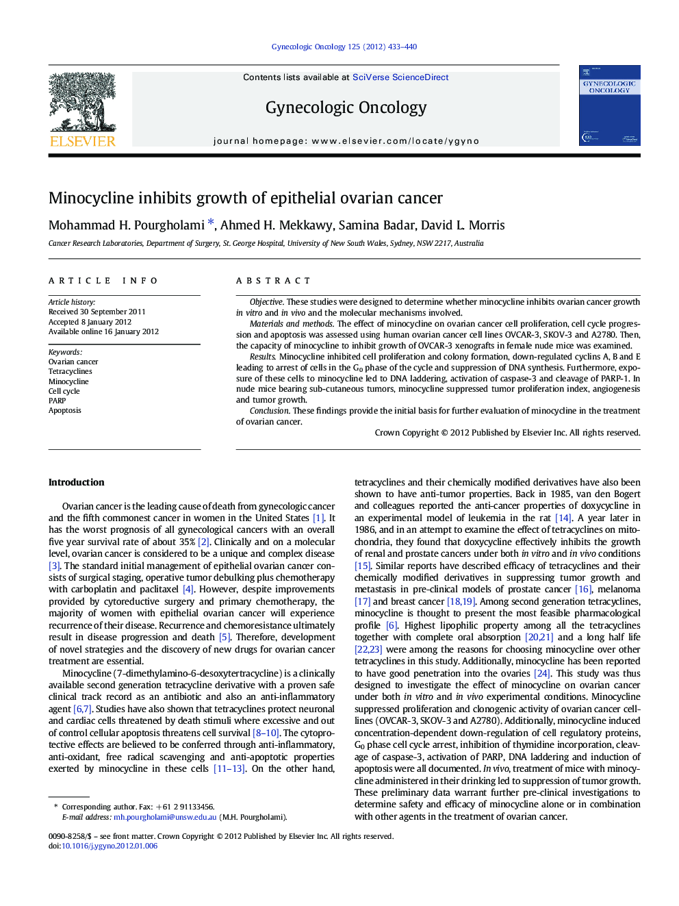 Minocycline inhibits growth of epithelial ovarian cancer