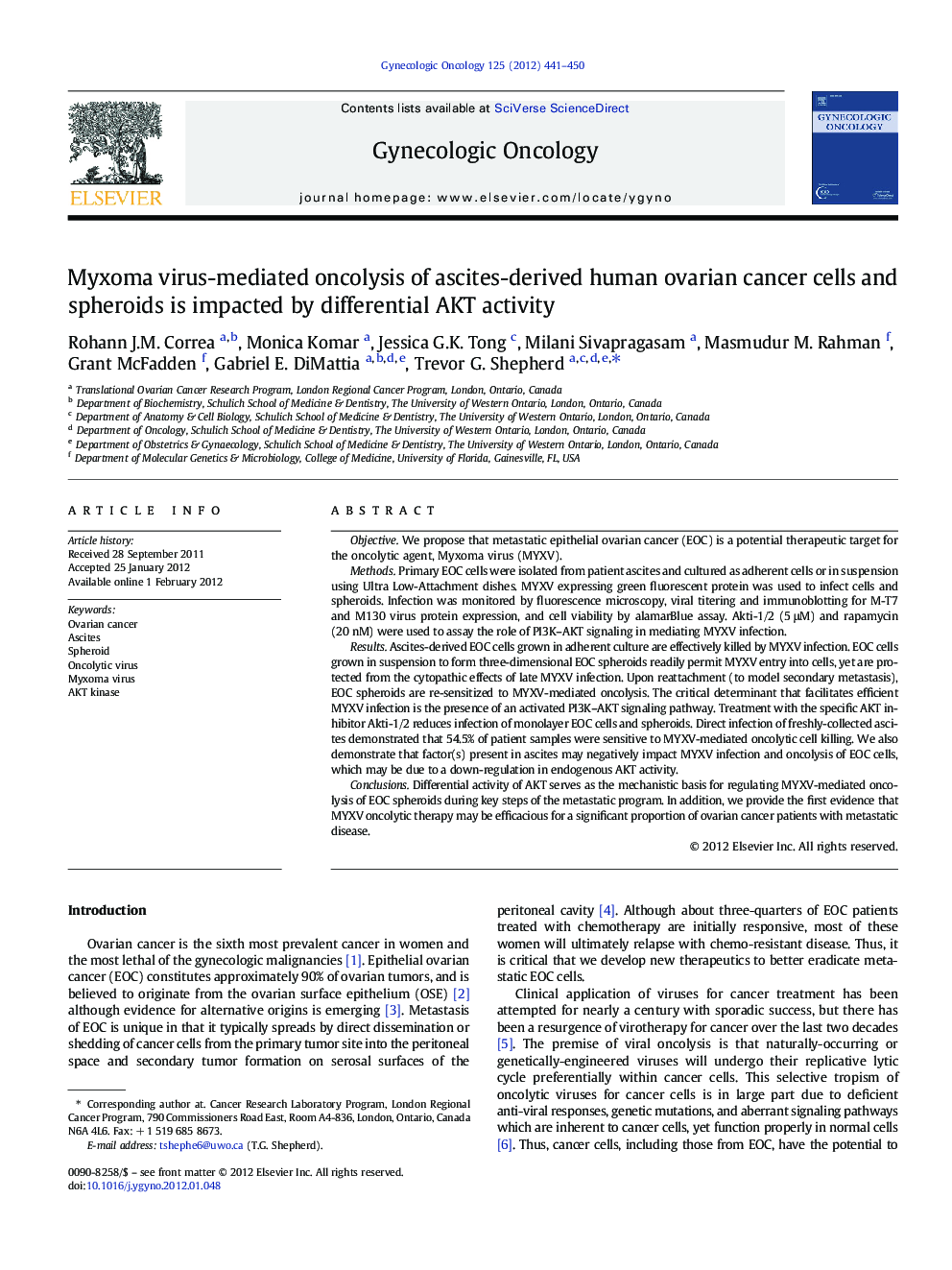 Myxoma virus-mediated oncolysis of ascites-derived human ovarian cancer cells and spheroids is impacted by differential AKT activity