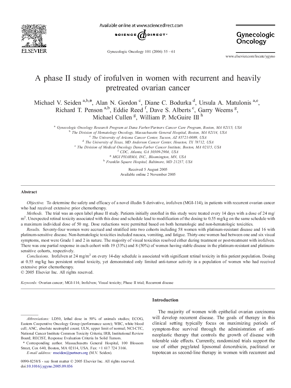 A phase II study of irofulven in women with recurrent and heavily pretreated ovarian cancer