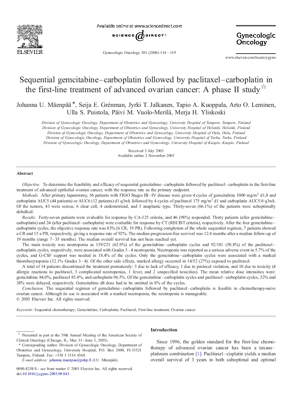 Sequential gemcitabine–carboplatin followed by paclitaxel–carboplatin in the first-line treatment of advanced ovarian cancer: A phase II study 