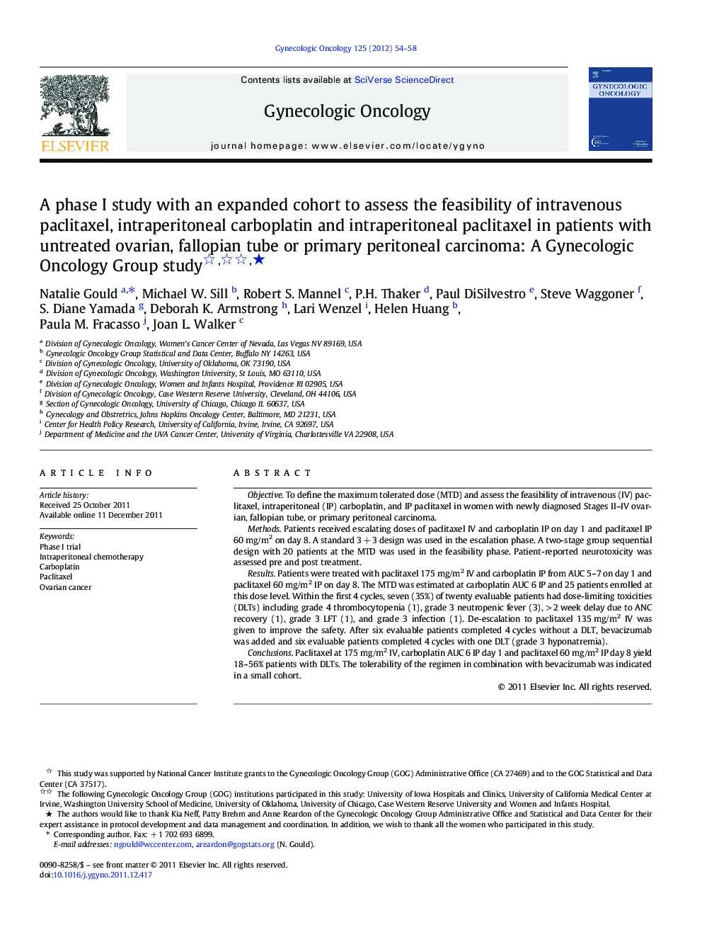 A phase I study with an expanded cohort to assess the feasibility of intravenous paclitaxel, intraperitoneal carboplatin and intraperitoneal paclitaxel in patients with untreated ovarian, fallopian tube or primary peritoneal carcinoma: A Gynecologic Oncol