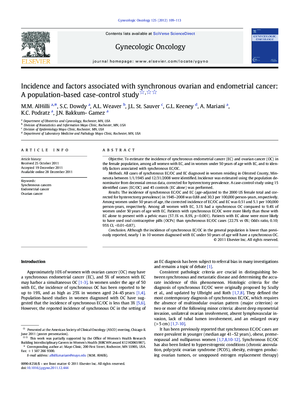 Incidence and factors associated with synchronous ovarian and endometrial cancer: A population-based case-control study 