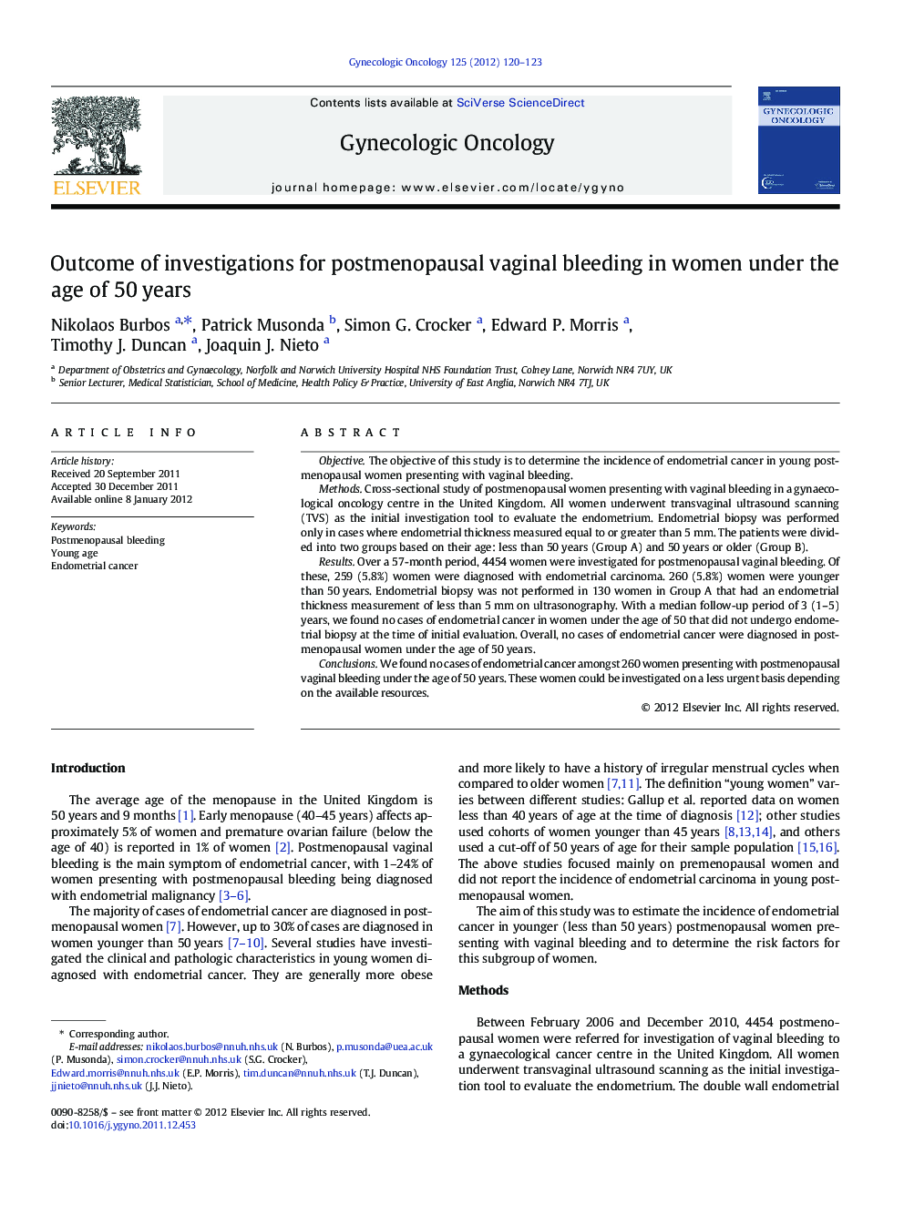 Outcome of investigations for postmenopausal vaginal bleeding in women under the age of 50 years