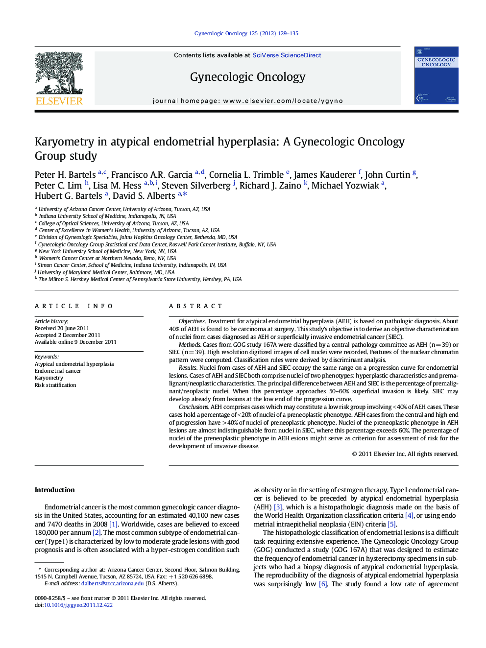 Karyometry in atypical endometrial hyperplasia: A Gynecologic Oncology Group study