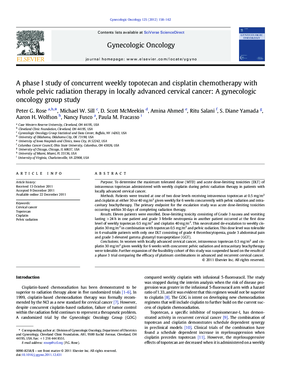 A phase I study of concurrent weekly topotecan and cisplatin chemotherapy with whole pelvic radiation therapy in locally advanced cervical cancer: A gynecologic oncology group study