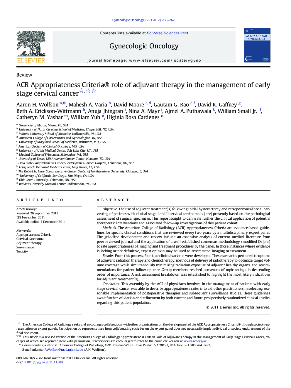 ACR Appropriateness Criteria® role of adjuvant therapy in the management of early stage cervical cancer 