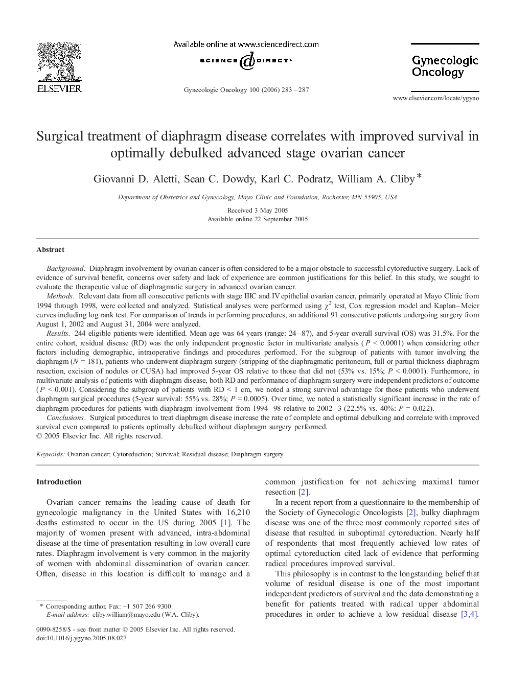 Surgical treatment of diaphragm disease correlates with improved survival in optimally debulked advanced stage ovarian cancer