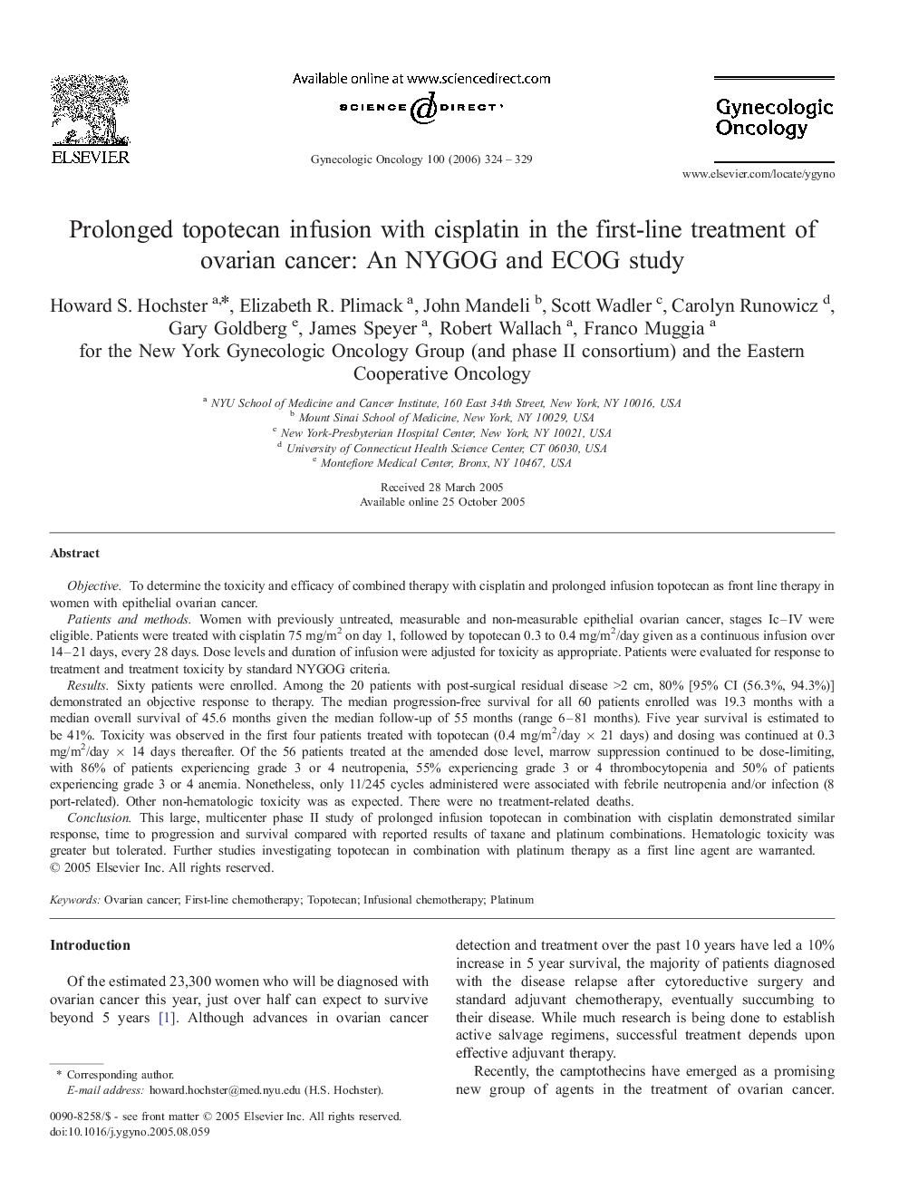 Prolonged topotecan infusion with cisplatin in the first-line treatment of ovarian cancer: An NYGOG and ECOG study