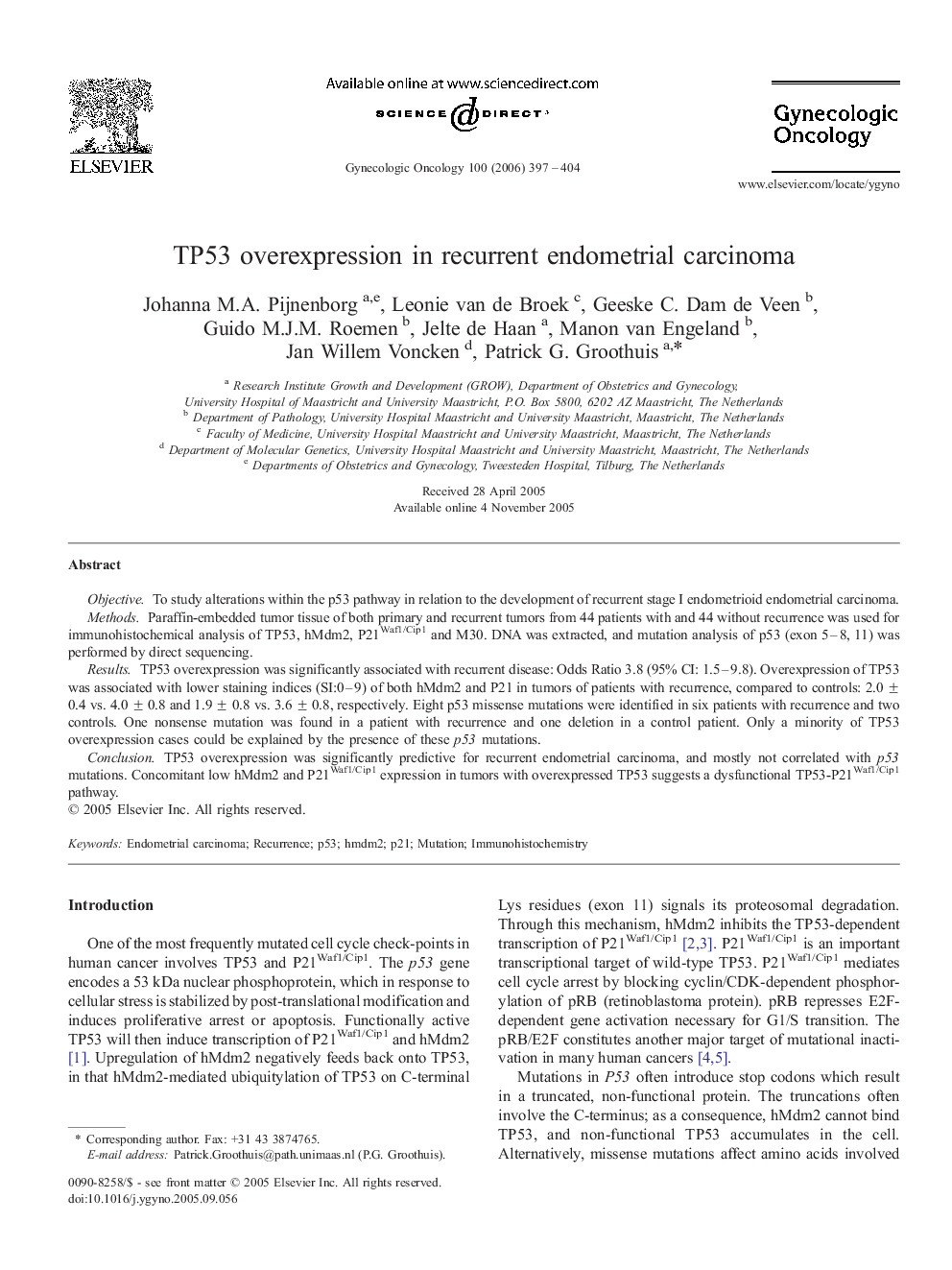 TP53 overexpression in recurrent endometrial carcinoma