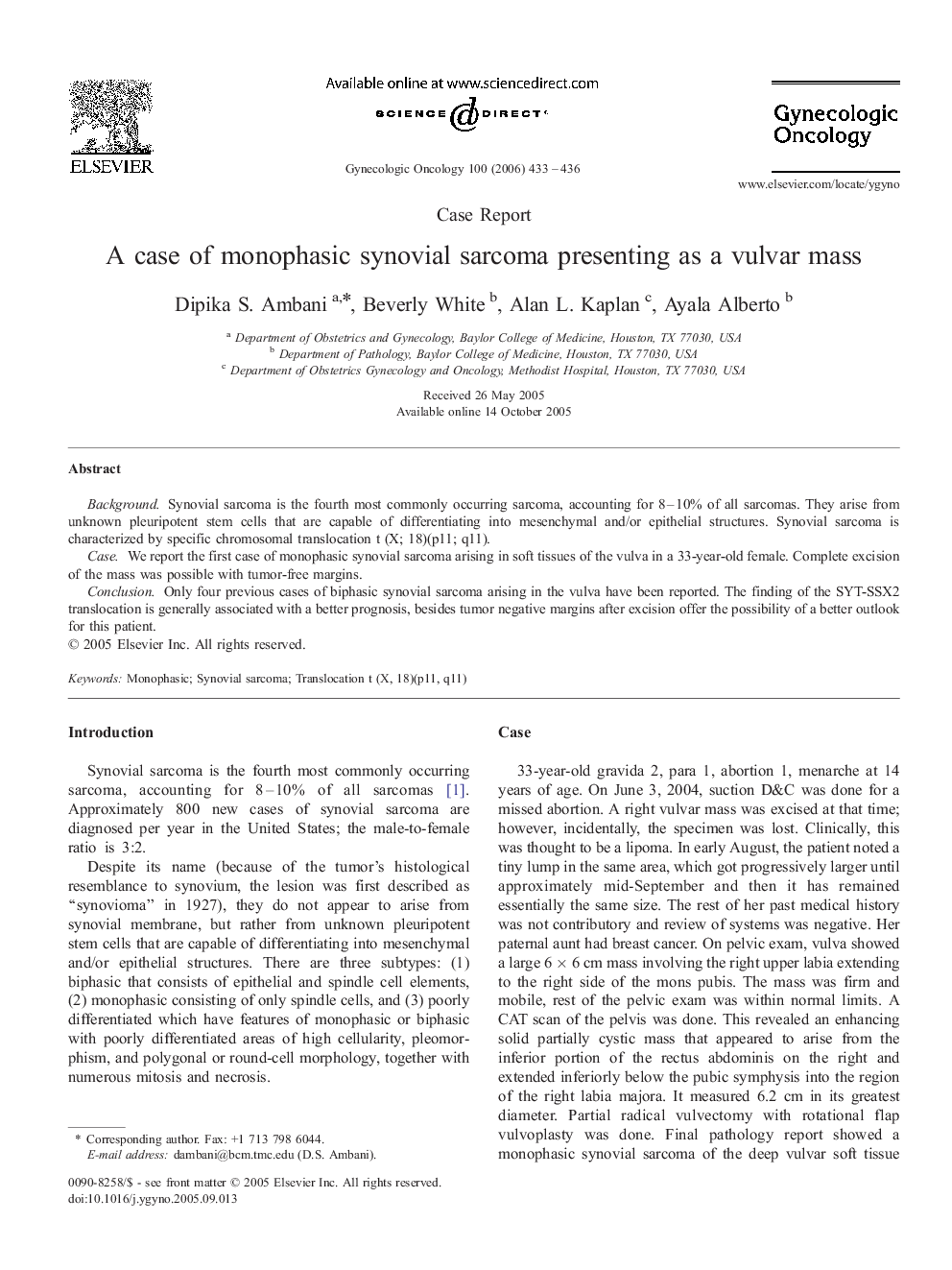 A case of monophasic synovial sarcoma presenting as a vulvar mass