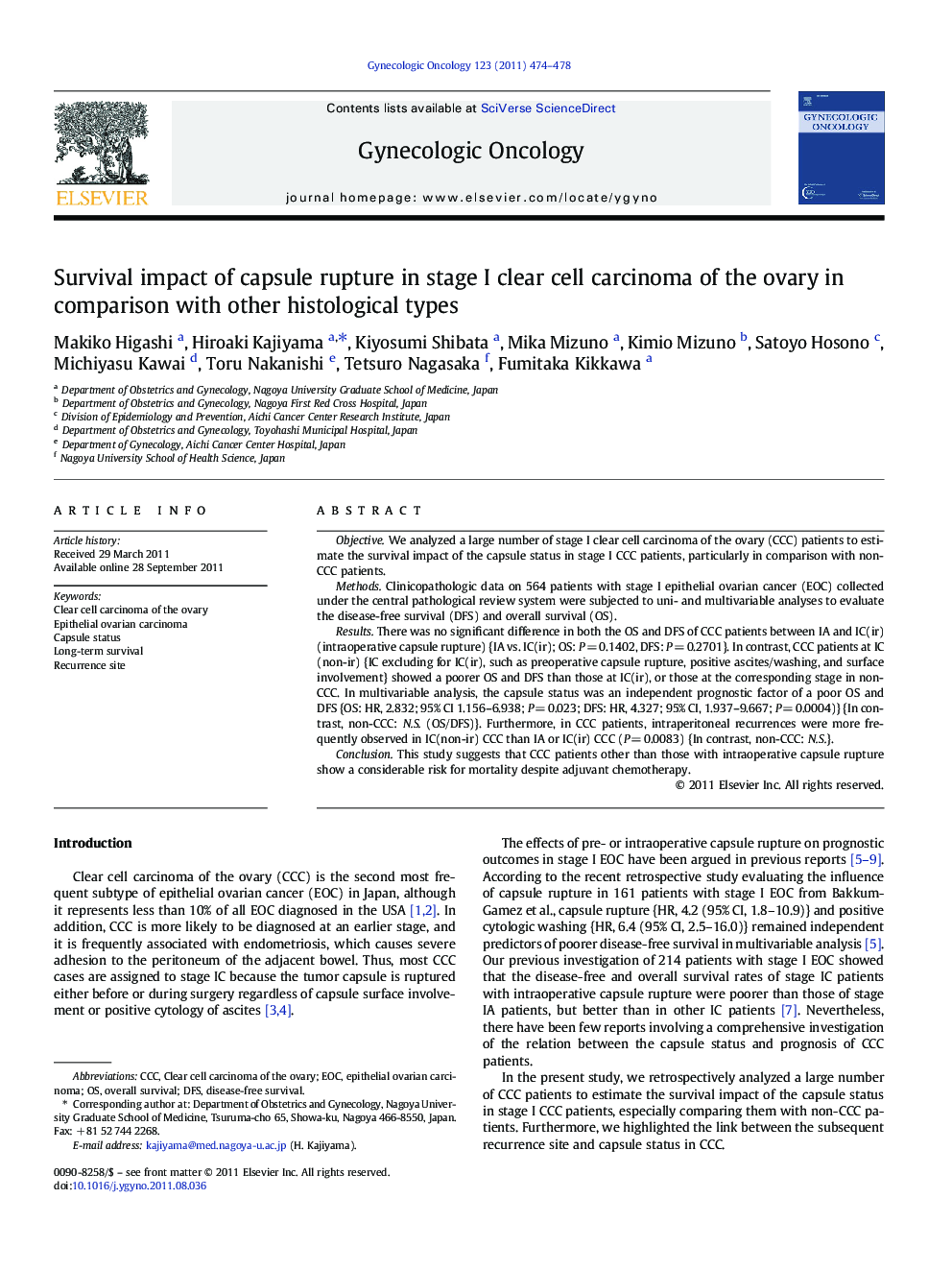 Survival impact of capsule rupture in stage I clear cell carcinoma of the ovary in comparison with other histological types