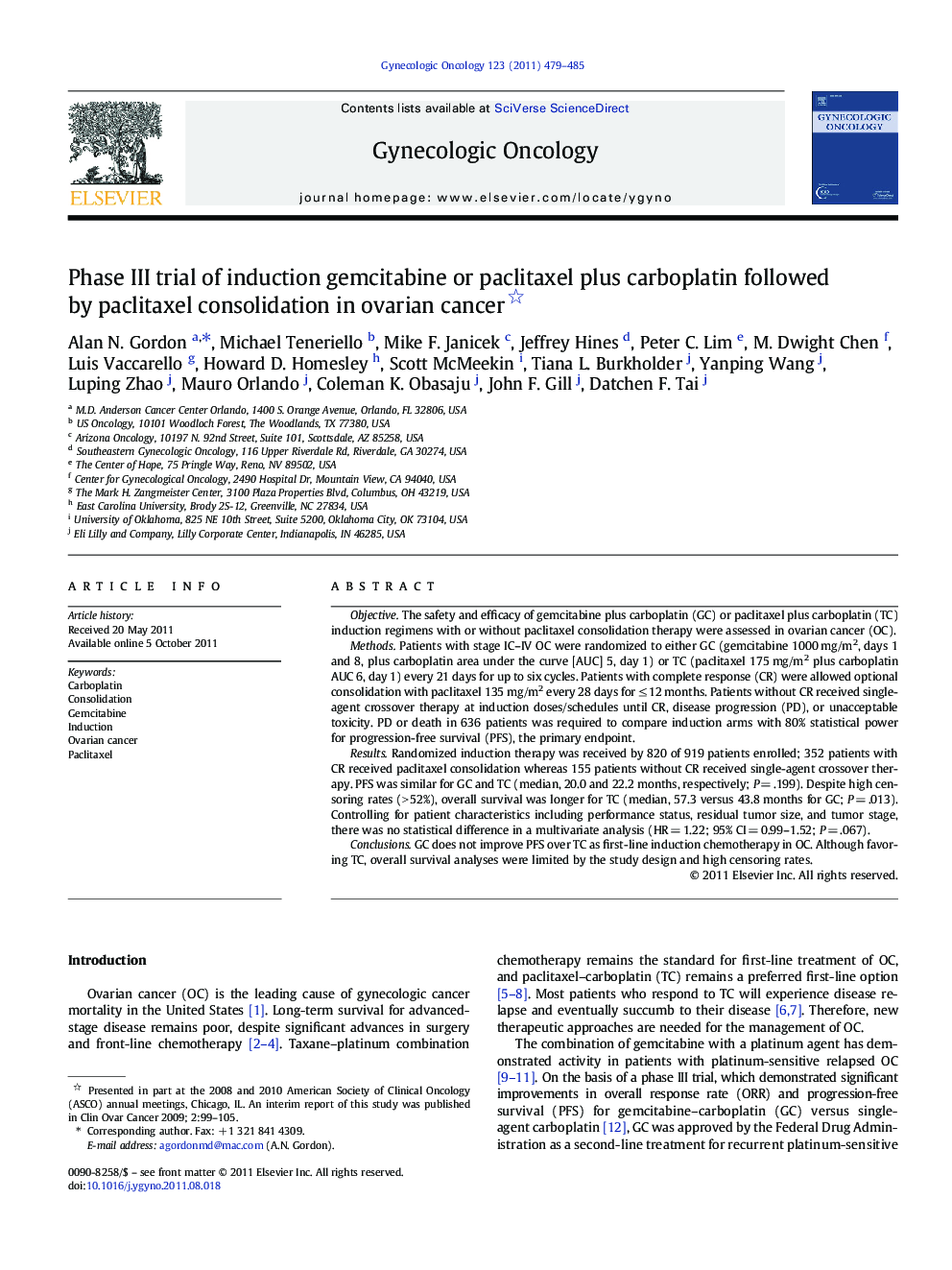 Phase III trial of induction gemcitabine or paclitaxel plus carboplatin followed by paclitaxel consolidation in ovarian cancer 