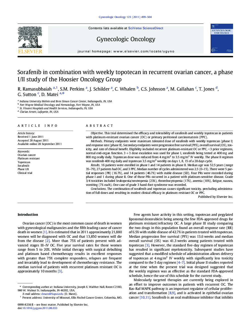 Sorafenib in combination with weekly topotecan in recurrent ovarian cancer, a phase I/II study of the Hoosier Oncology Group