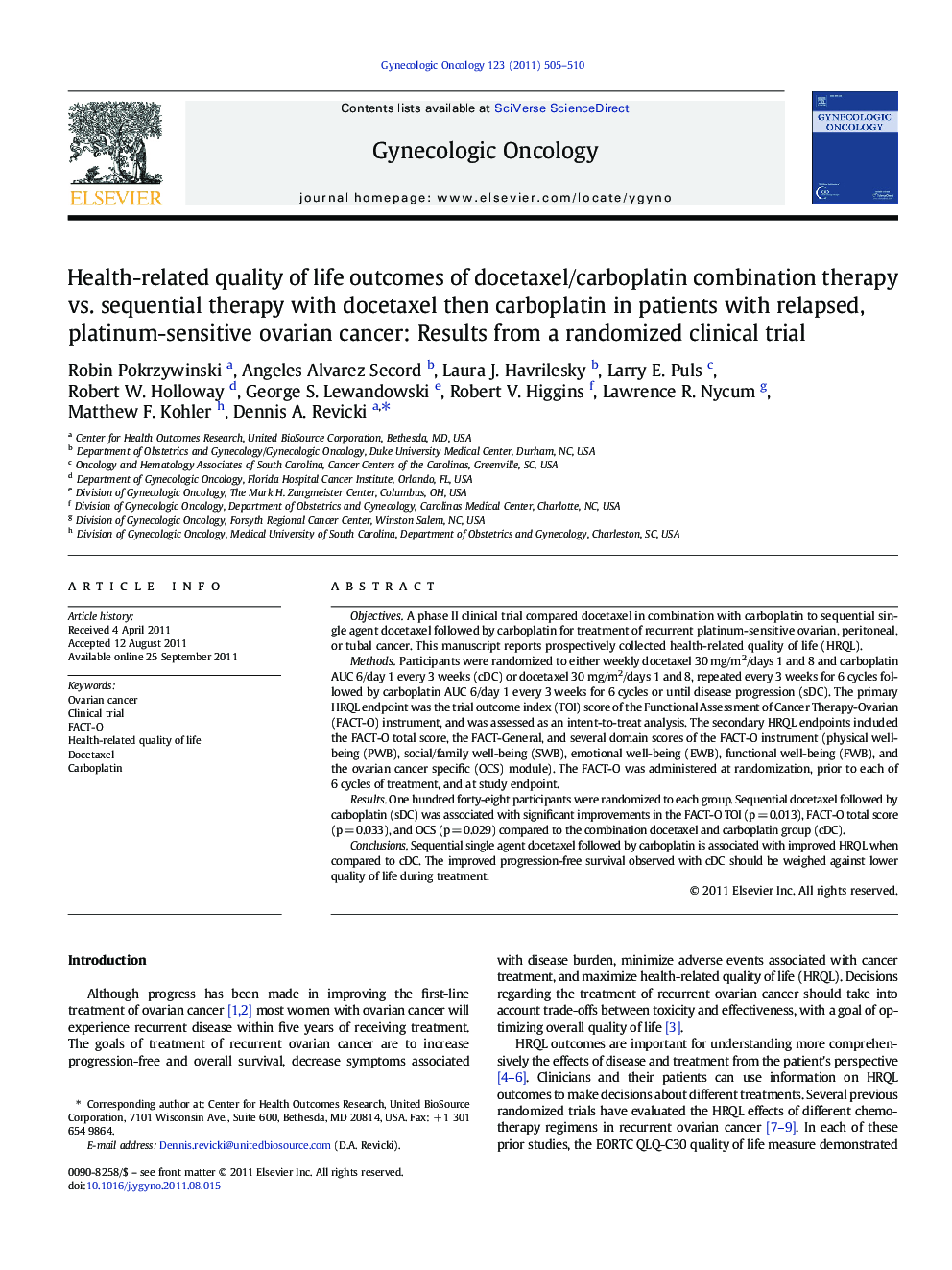 Health-related quality of life outcomes of docetaxel/carboplatin combination therapy vs. sequential therapy with docetaxel then carboplatin in patients with relapsed, platinum-sensitive ovarian cancer: Results from a randomized clinical trial